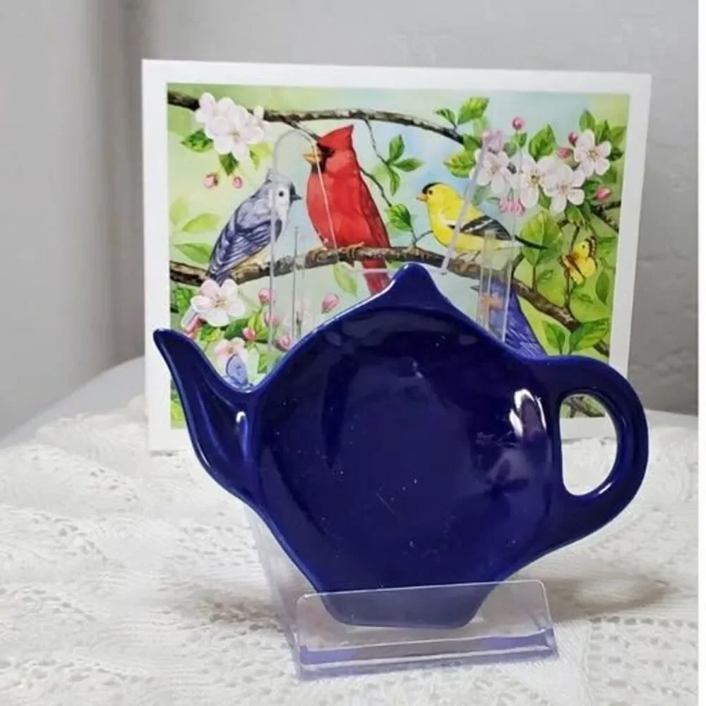 vLe Gourmet Chef Dark Blue Teapot Tea Bag Holder Ceramic Rest 4.5